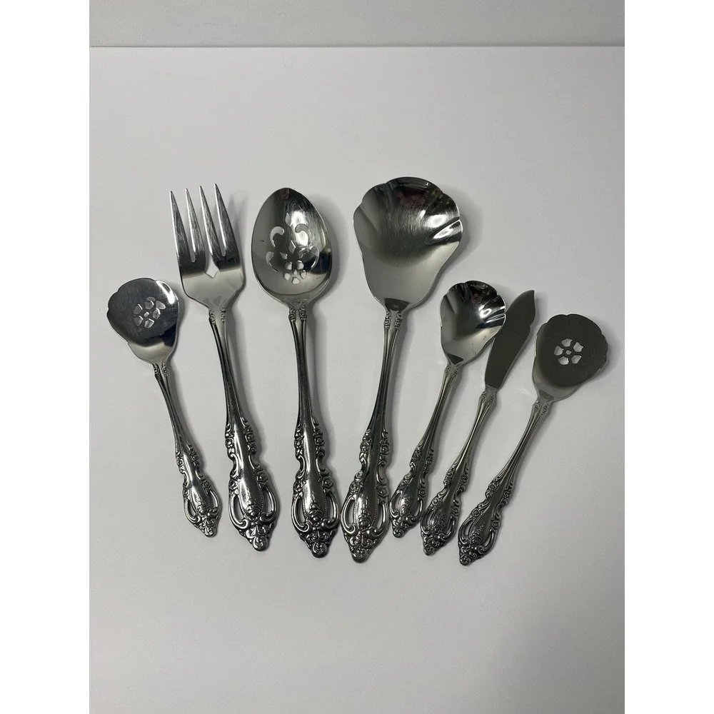 7 - Serving Tablespoon Meat Fork Spoon Pierced Oneida Community BRAHMS Stainless
